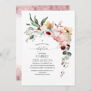Rose Gold Glitter Elegant Floral Baptism Invitation