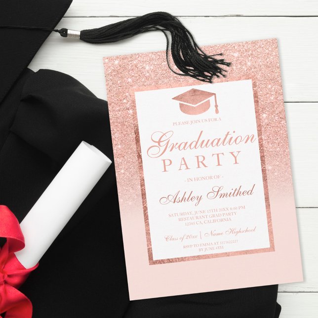 Rose gold glitter elegant Graduation cap party Invitation (Creator Uploaded)