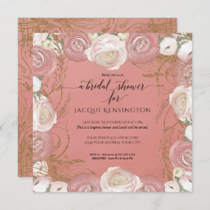 Rose Gold Glitter Elegant Painted Floral Bridal Invitation