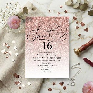 Rose Gold Glitter Elegant Script Sweet 16 Birthday Invitation