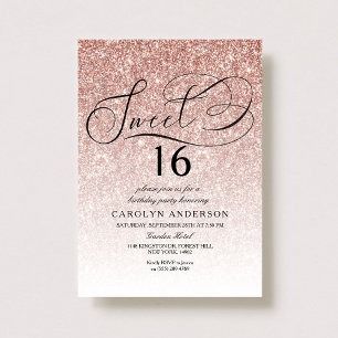 Rose Gold Glitter Elegant Script Sweet 16 Birthday Invitation