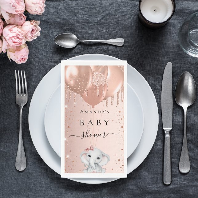 Rose gold glitter elephant balloons Baby Shower Napkin (Creator Uploaded)