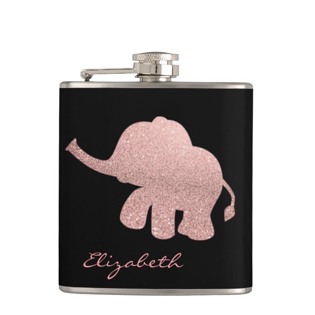 Rose Gold Glitter Elephant, Black - Personalised Hip Flask (Front)