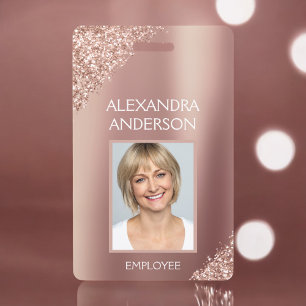 Rose Gold Glitter Employee Name Photo Corporate ID Badge