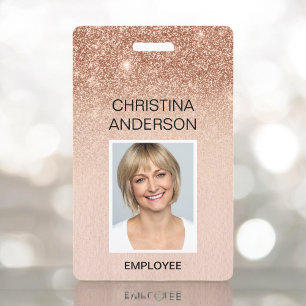 Rose Gold Glitter Employee Name Photo Corporate ID Badge