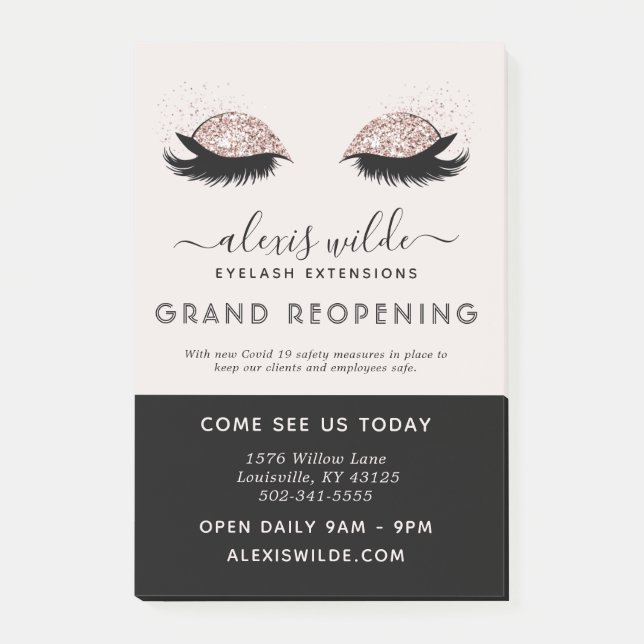 Rose Gold Glitter Eyelashes Grand Opening Salon Post-it Notes (Front)