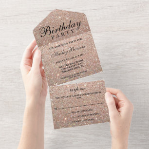 Rose Gold Glitter Fab Birthday Party All In One Invitation