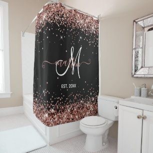 Rose Gold Glitter Family Monogram Black Shower Curtain