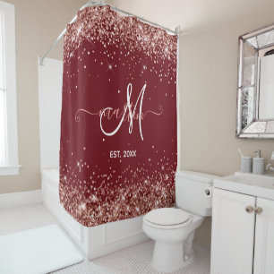 Rose Gold Glitter Family Monogram Burgundy Shower Curtain