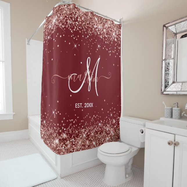 Rose Gold Glitter Family Monogram Burgundy Shower Curtain (In Situ)