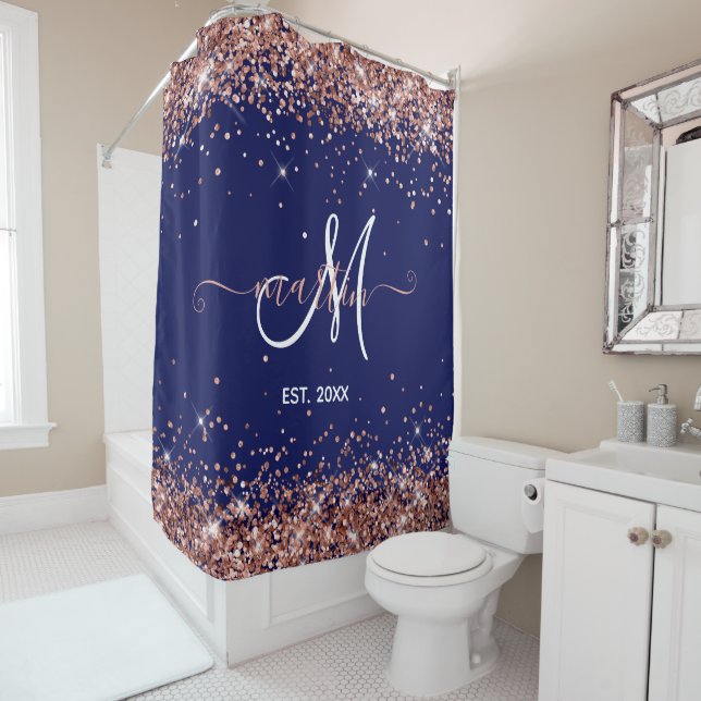 Rose Gold Glitter Family Monogram Navy Shower Curtain (In Situ)
