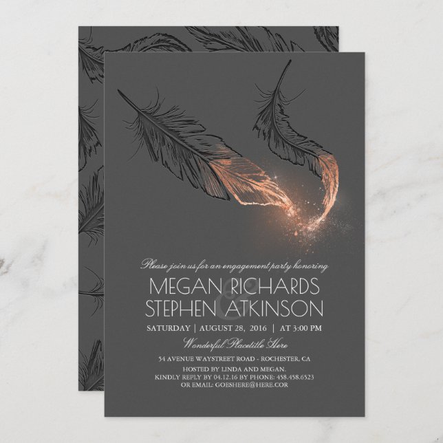 Rose Gold Glitter Feathers Engagement Party Invitation (Front/Back)