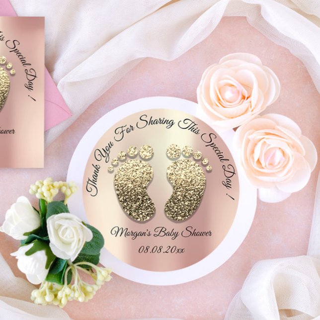 Rose Gold Glitter Feet Baby Shower Favour Thank Classic Round Sticker (Rose Gold Glitter Feet Baby Shower Favor Thank Classic Round Sticker)