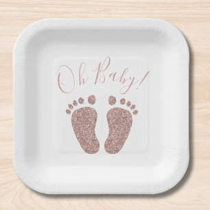 Rose Gold Glitter Feet Baby Shower Square Paper Plate