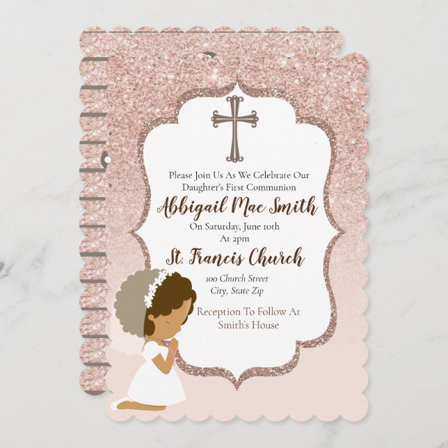 Rose Gold Glitter First Communion Invitation (Front/Back)