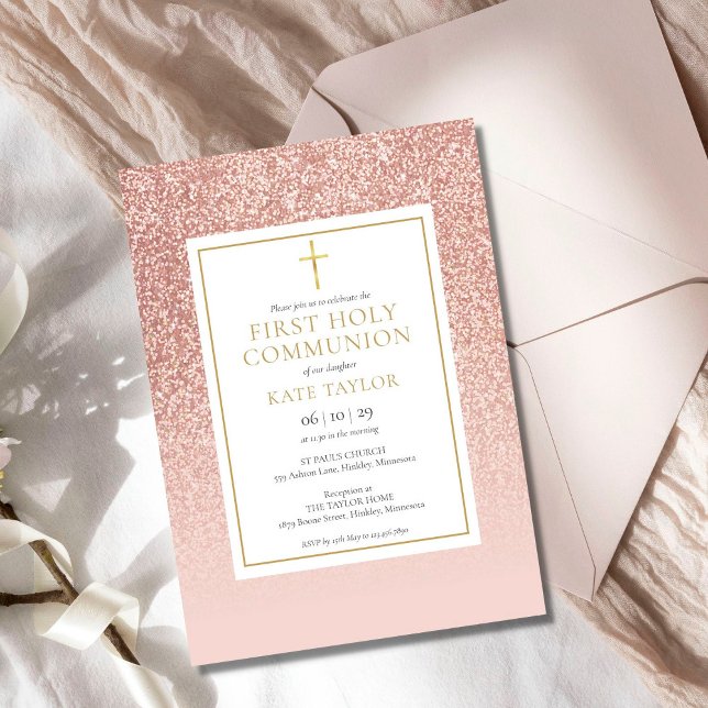 Rose Gold Glitter First Holy Communion Invitation (Creator Uploaded)