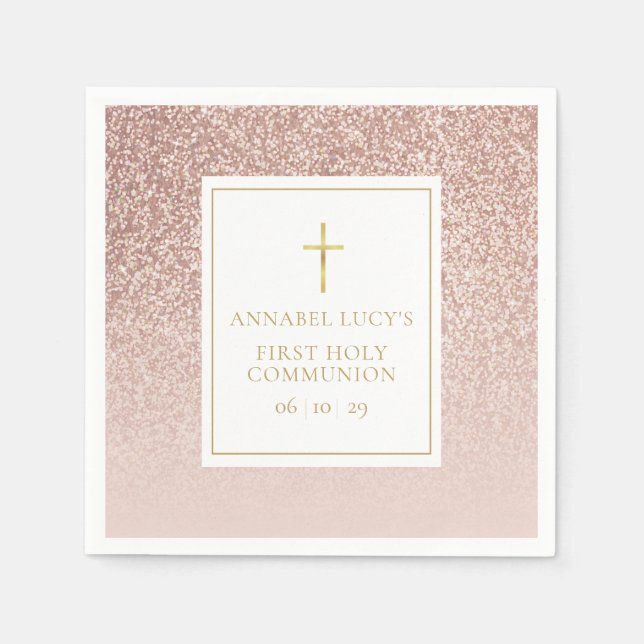 Rose Gold Glitter First Holy Communion Napkin (Front)