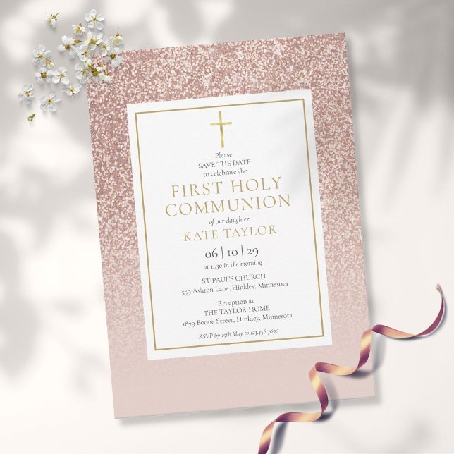 Rose Gold Glitter First Holy Communion Save The Date (Creator Uploaded)