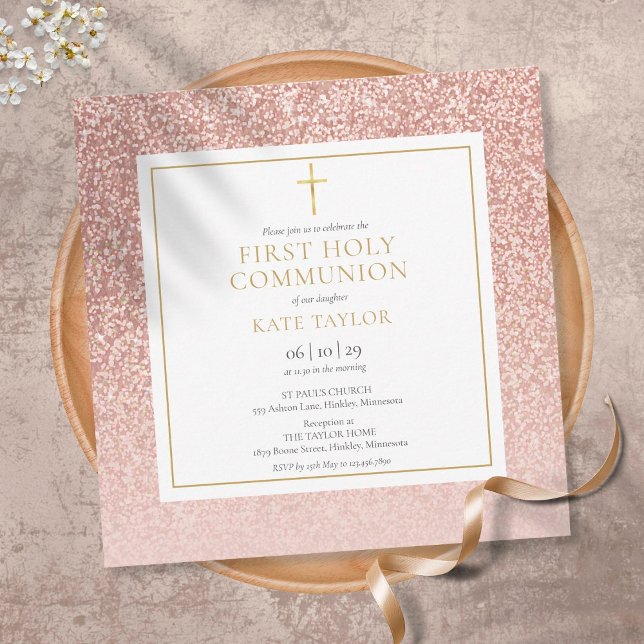 Rose Gold Glitter First Holy Communion Square Invitation (Creator Uploaded)