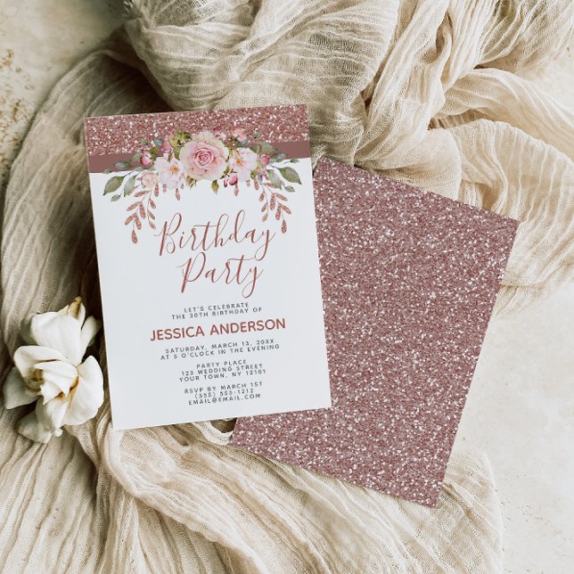 Rose Gold Glitter Floral Birthday Party Invitation (Creator Uploaded)