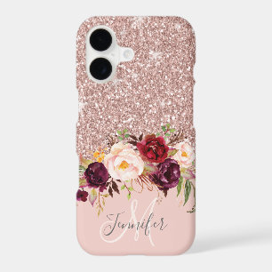 Rose Gold Glitter Floral Blush Pink Monogram Name