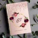 Rose gold glitter floral burgundy monogram planner<br><div class="desc">A rose gold background with elegant faux rose gold glitter drips,  paint drip look. Decorated with a faux gold geometric frame and burgundy and pink flowers,  florals. Personalise and add your monogram letters,  initials and a text,  title. Perfect for school,  work or organising your personal/family life.</div>