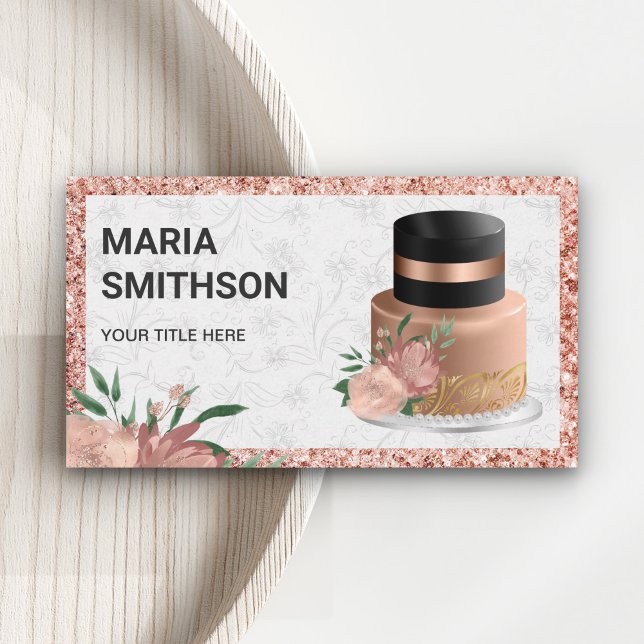 Rose Gold Glitter Floral Cake Pastry Chef Bakery Business Card (Creator Uploaded)