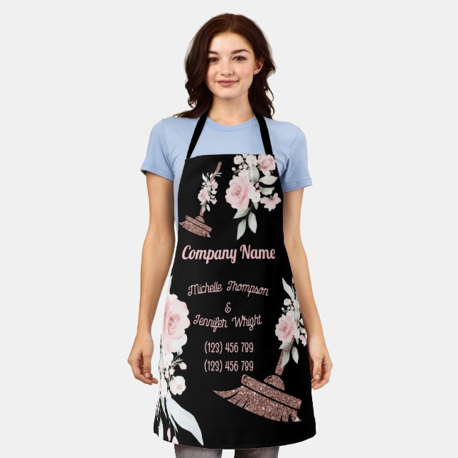 Rose Gold Glitter Floral Cleaning Services Maid Apron (Worn)