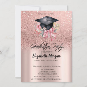 Rose Gold Glitter Floral Grad Cap Bow Graduation Invitation