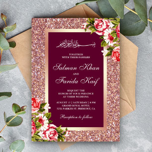 Rose Gold Glitter Floral Islamic Muslim Wedding Invitation