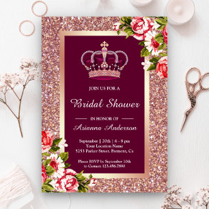 Rose Gold Glitter Floral Princess Bridal Shower Invitation