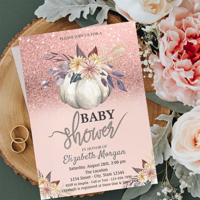 Rose Gold Glitter, Floral Pumpkin Baby Shower  Invitation (Creator Uploaded)