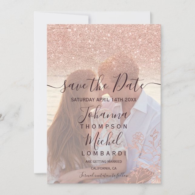 Rose gold glitter floral red photo save the date (Front)