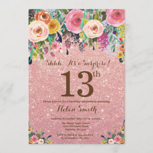Rose Gold Glitter Floral Surprise 13th Birthday Invitation