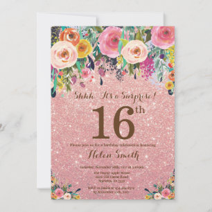 Rose Gold Glitter Floral Surprise 16th Birthday Invitation