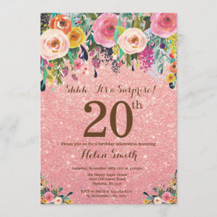 Rose Gold Glitter Floral Surprise 20th Birthday Invitation