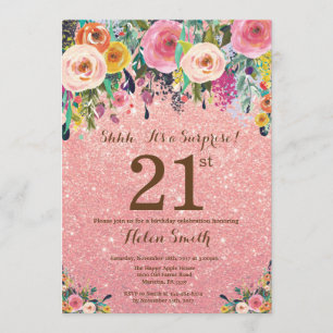 Rose Gold Glitter Floral Surprise 21st Birthday Invitation