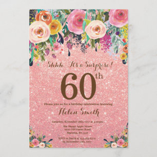 Rose Gold Glitter Floral Surprise 60th Birthday Invitation