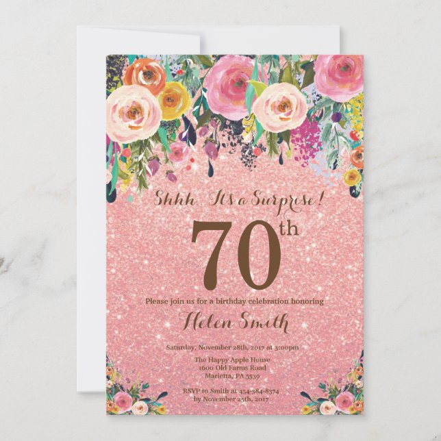 Rose Gold Glitter Floral Surprise 70th Birthday Invitation (Front)