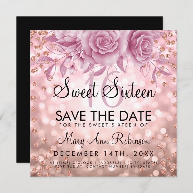 Rose Gold Glitter Floral Sweet 16 Save The Date Invitation (Front/Back)