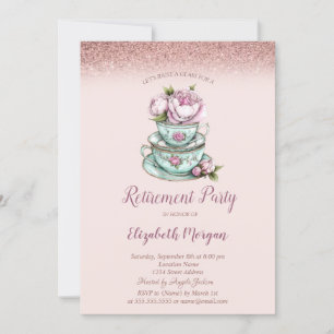 Rose Gold Glitter Floral Tea Cup Retirement  Invitation