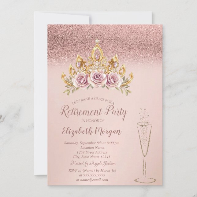 Rose Gold Glitter Floral Tiara Glass Retirement  Invitation (Front)