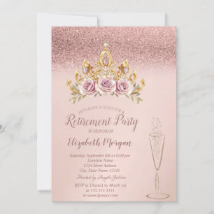 Rose Gold Glitter Floral Tiara Glass Retirement  Invitation