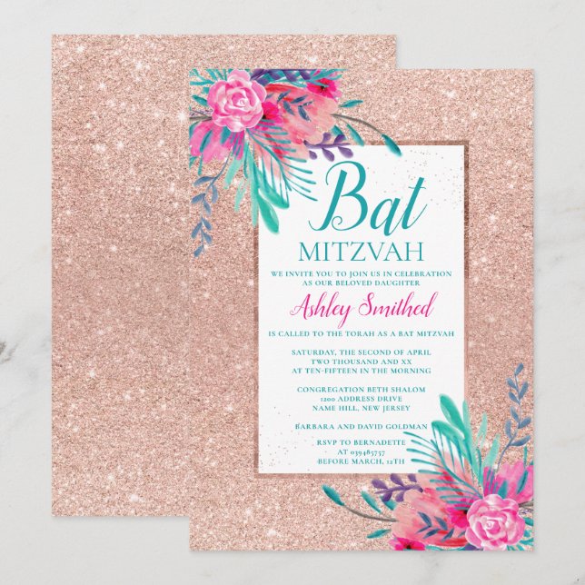 Rose gold glitter floral watercolor Bat Mitzvah Invitation (Front/Back)