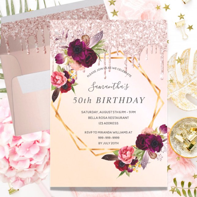 Rose gold glitter florals burgundy birthday invitation (Creator Uploaded)