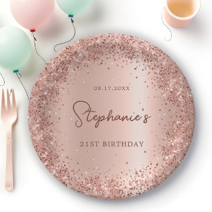 Rose Gold Glitter Foil 21st Birthday Monogram Paper Plate