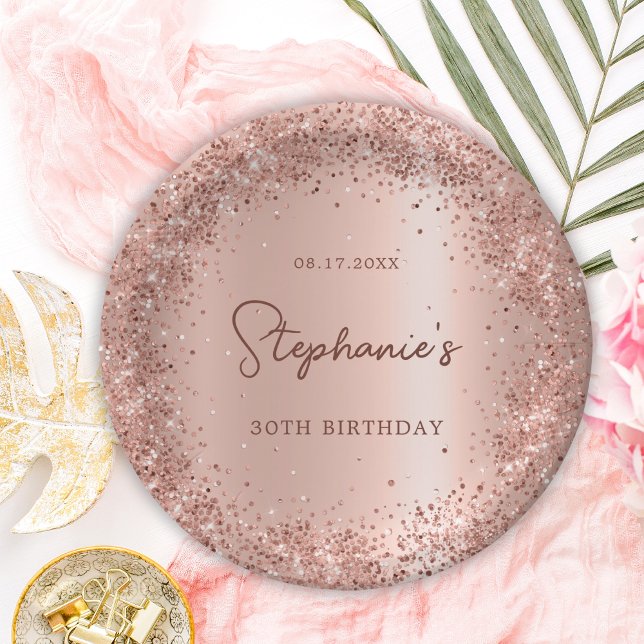 Rose Gold Glitter Foil 30th Birthday Monogram Paper Plate (Creator Uploaded)