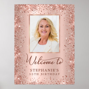 Rose Gold Glitter Foil 55th Birthday Photo Welcome Poster