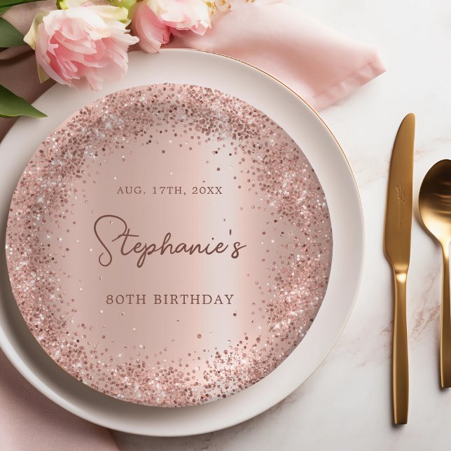Rose Gold Glitter Foil 80th Birthday Monogram Paper Plate (Creator Uploaded)