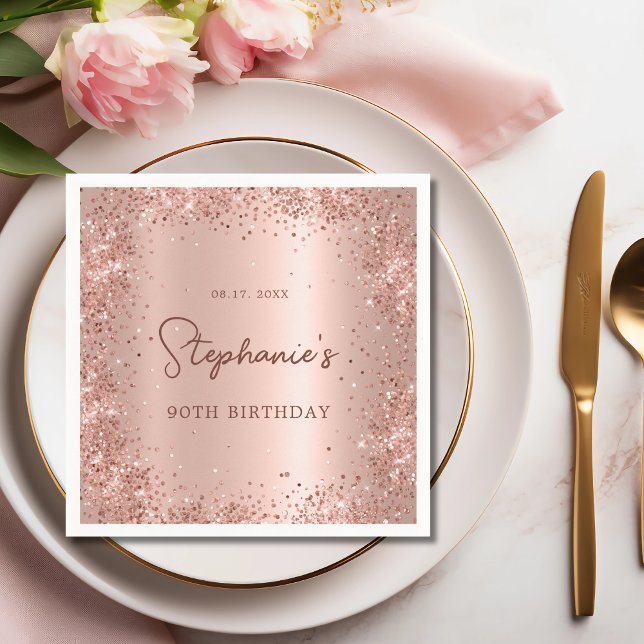Rose Gold Glitter Foil 90th Birthday Monogram Napkin (Creator Uploaded)